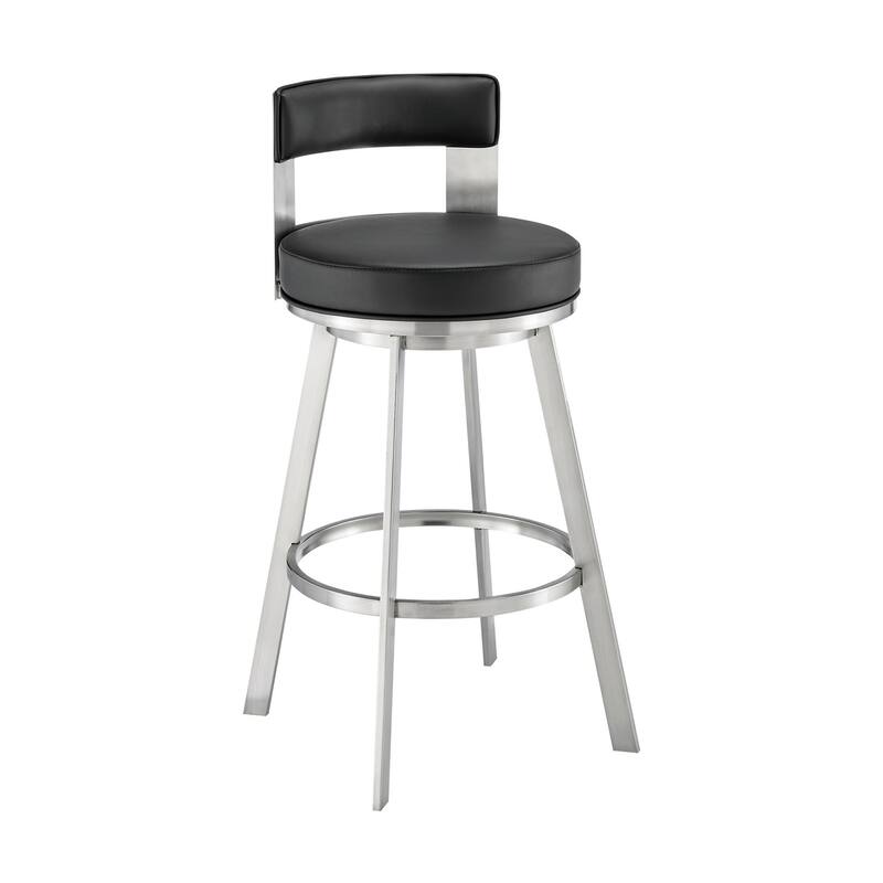 Ami 30 Inch Swivel Barstool Chair, Black Faux Leather, Stainless Steel