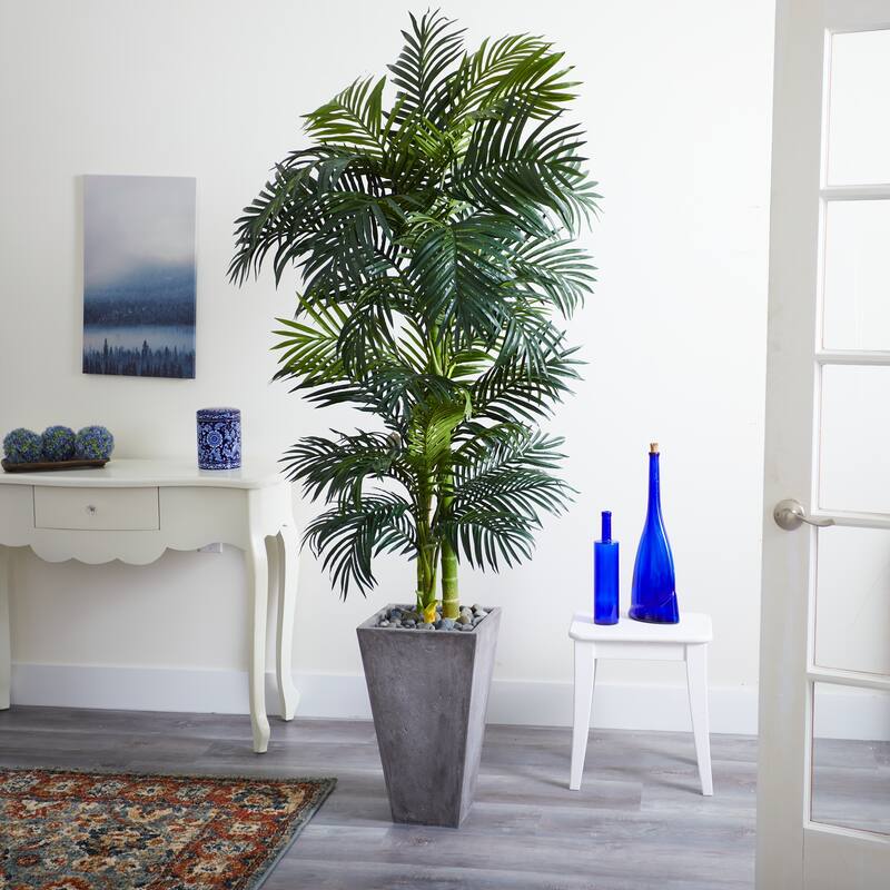 7' Golden Cane Artificial Palm Tree in Cement Planter - Green
