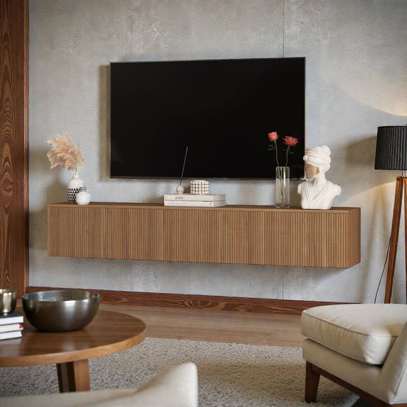 69" Floating TV Stand Wall Mounted with 16 Color LED Lights, Modern TV Cabinet for 55-65 Inch TVs