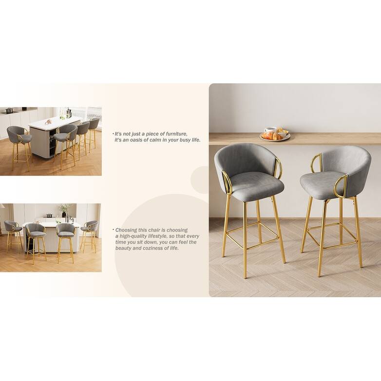 Counter Height Chairs Set of 2, Velvet Upholstered Kitchen Island Chair with Back, Dining Chairs with Metal Legs