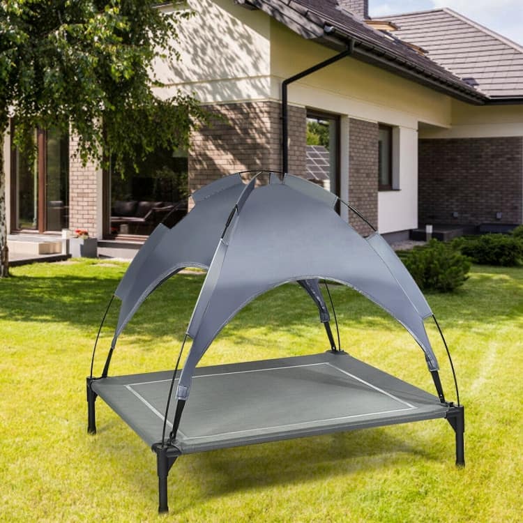 Portable Elevated Outdoor Pet Bed with Removable Canopy Shade - 35.5" x 32" x 34" (L x W x H) - Grey