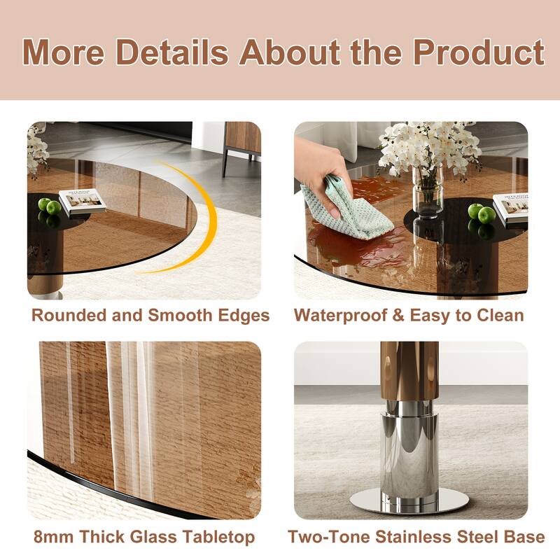 35-Inch Round Glass Dining Table, Tempered Glass Tabletop, Stainless Steel Legs, Suitable for 2-4 People - Brown