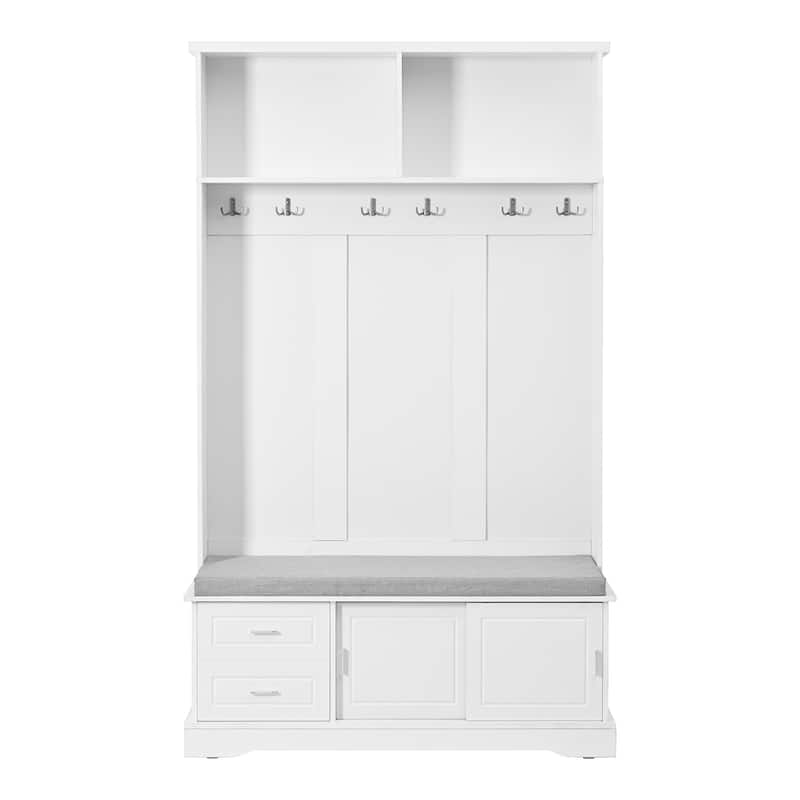 Entryway 3-in-1 Hall Tree with Storage Bench & Sliding Doors, Shoe Cabinet Coat Rack with Cushioned Seat & Anti-Tip