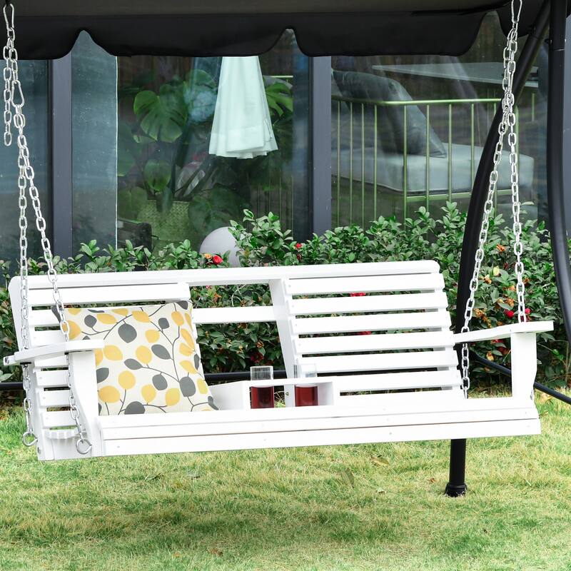 3-Seater Wooden Porch Swing, Patio Swing Bench with Folding Coffee Table, Cup Holders and Chains Included