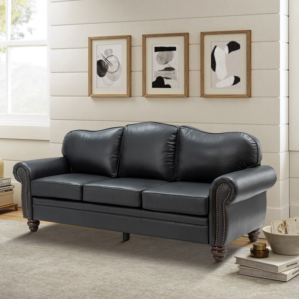 Balvino 81" Wide Transitional Genuine Leather Rolled Arm Nailhead Trim Sofa with Solid Wood Legs