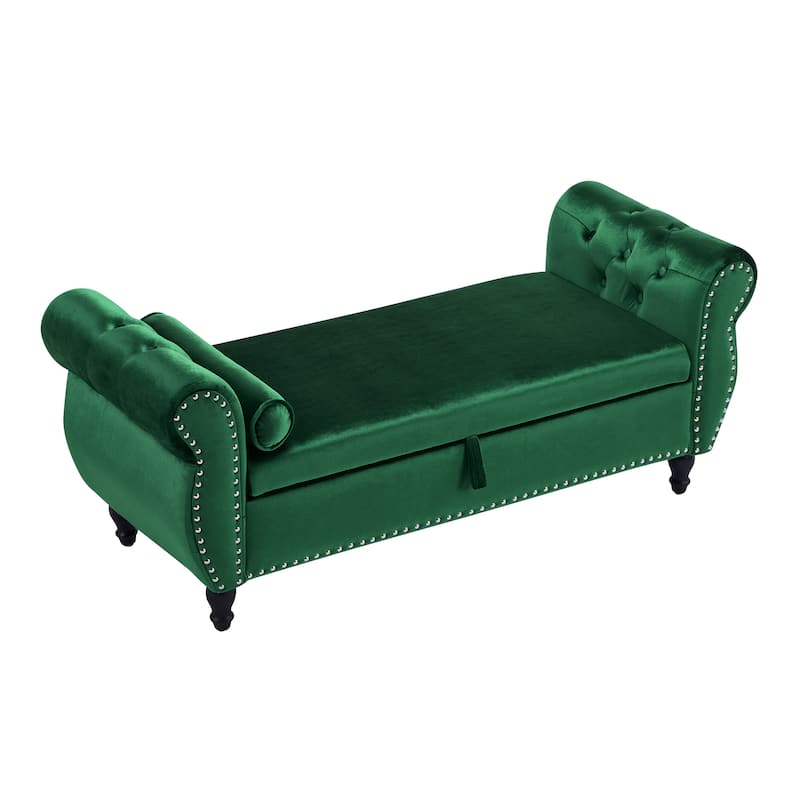 51.25" Velvet Storage Ottoman Bench with Rolled Arms and Wood Legs - Emerald