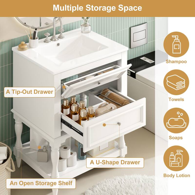 24" Retro Bathroom Vanity with Ceramic Sink & 2 Drawers - Solid Wood Storage Cabinet with Open Shelf