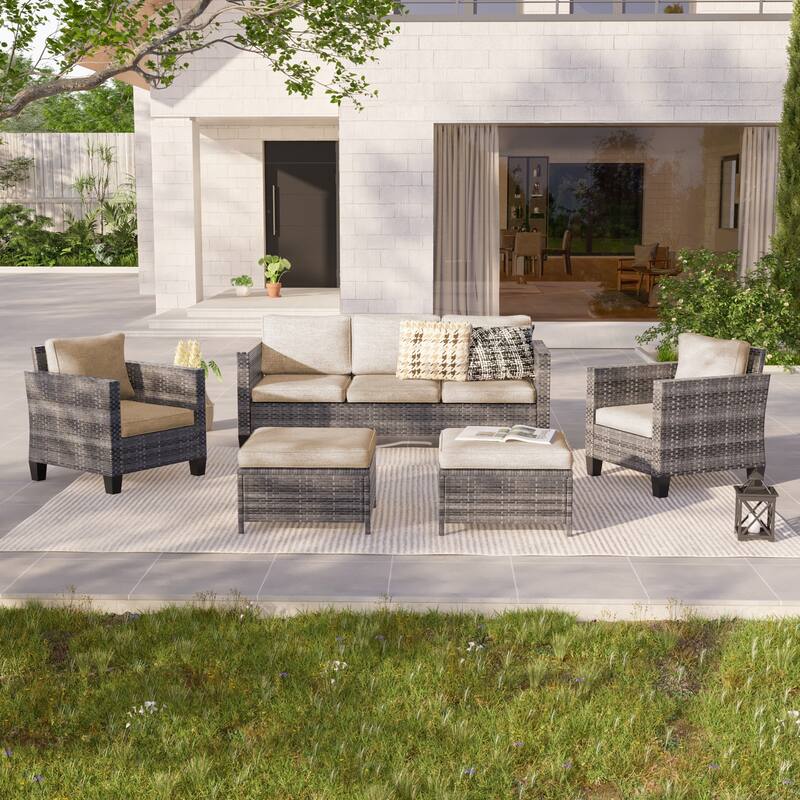 LIVOOSUN 5Pcs Patio Furniture Set Grey Rattan Coversation Seating Set