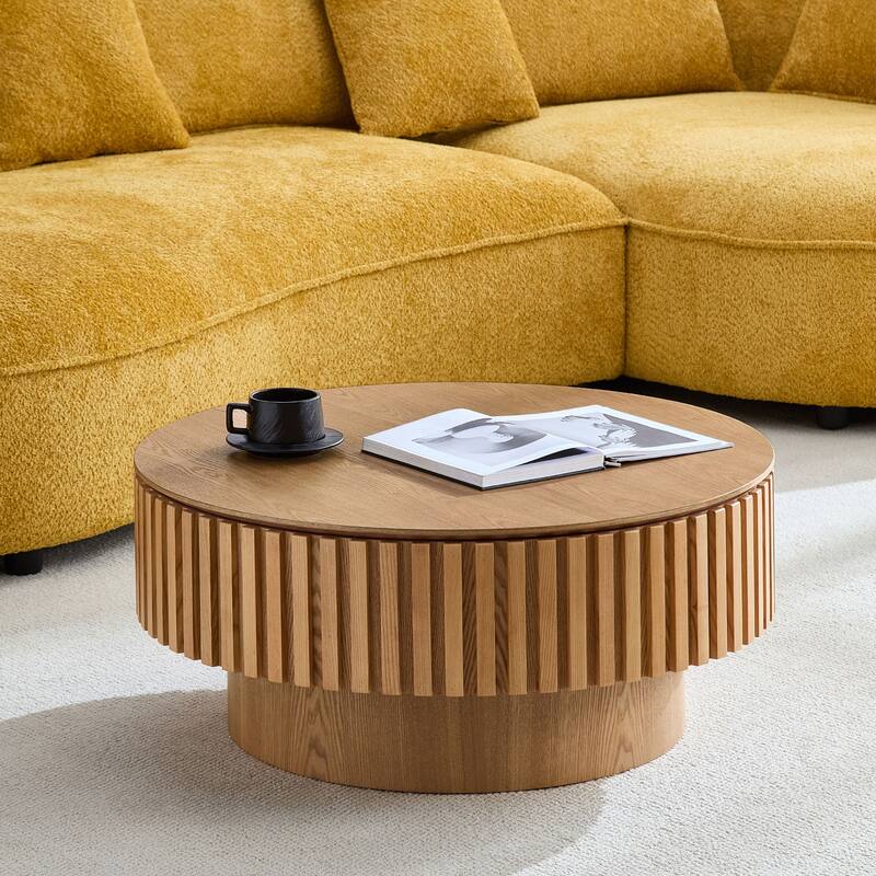 31.5" Round Wood Coffee Table with Storage, Modern Handcraft Drum Coffee Table, Stylish Circle Wooden Center Table