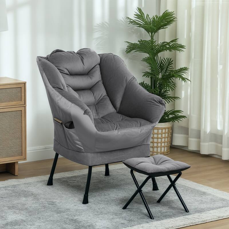 Velvet Lazy Chair with Ottoman, PP Cotton Padding and Storage