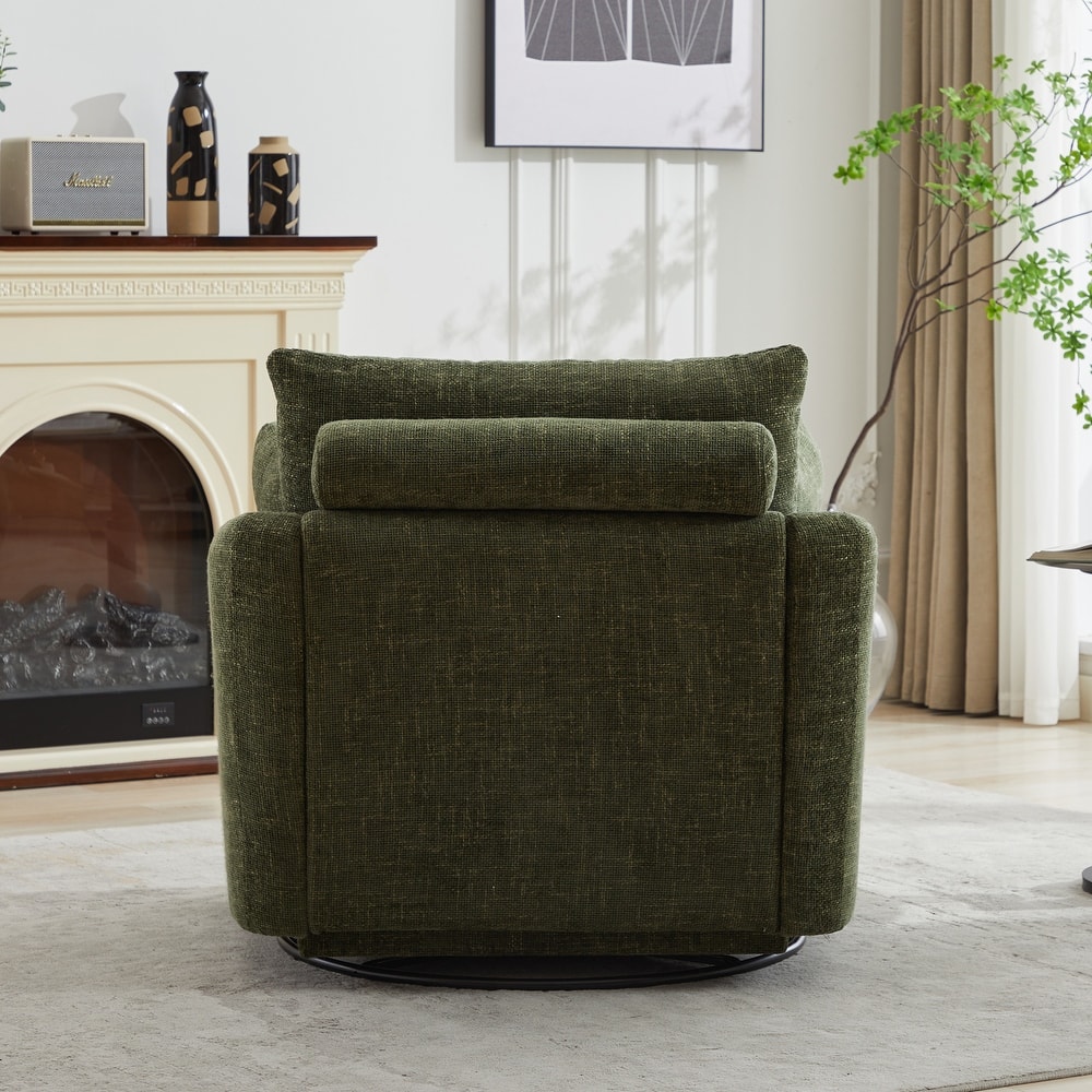 Chenille Upholstered Swivel Accent Chair, Cozy Club Chair with 2 Thorw Pillows, Oversized Lounge Armchair with Metal Base
