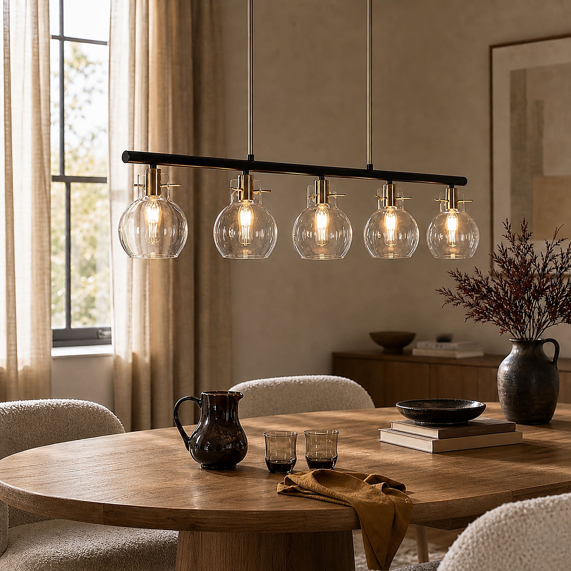 Modern Industrial 5-Light Black Gold Linear Chandelier Clear Glass Kitchen Island Lights for Dining Room