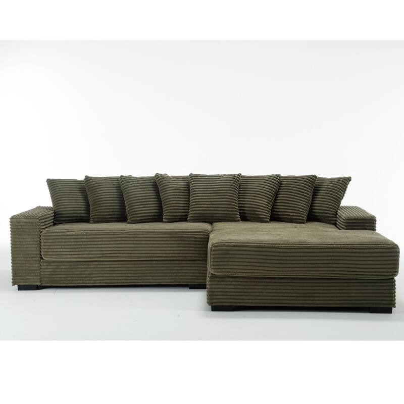 Oversized Two-Piece L Shaped Corduroy Sofa with Right Chaise Daybed, Eight Throw Pillows, Green