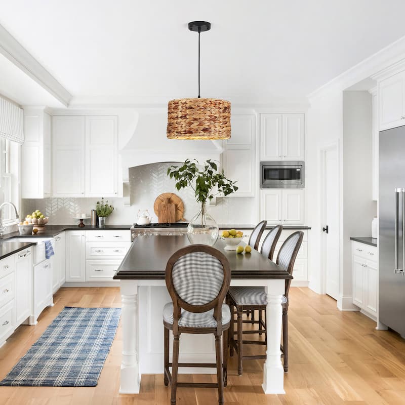 1-Light Hanging Kitchen Pendant Light Island Chandelier Fixture with Rattan Cover for Dining Room