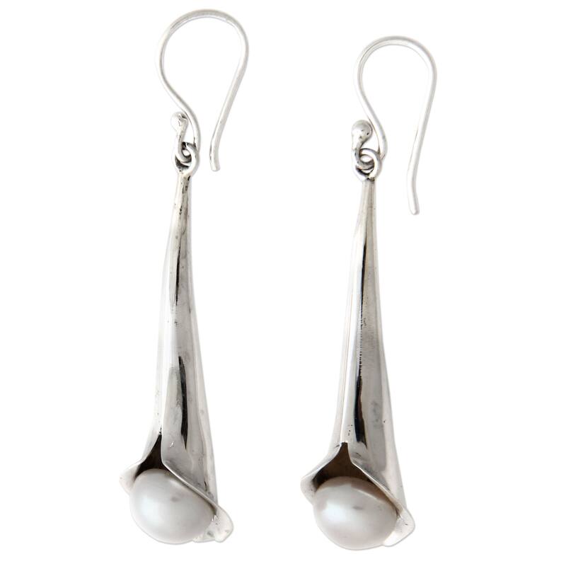 NOVICA Handmade Sterling Silver 'Trumpet Flower' 8mm Pearl Earrings (Indonesia) - White - 2*0.4 - White - White