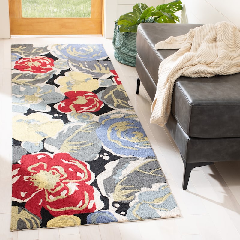 SAFAVIEH Handmade Four Seasons Shkurte Floral Rug - 2' 3" x 8' - Black/Multi - Runner