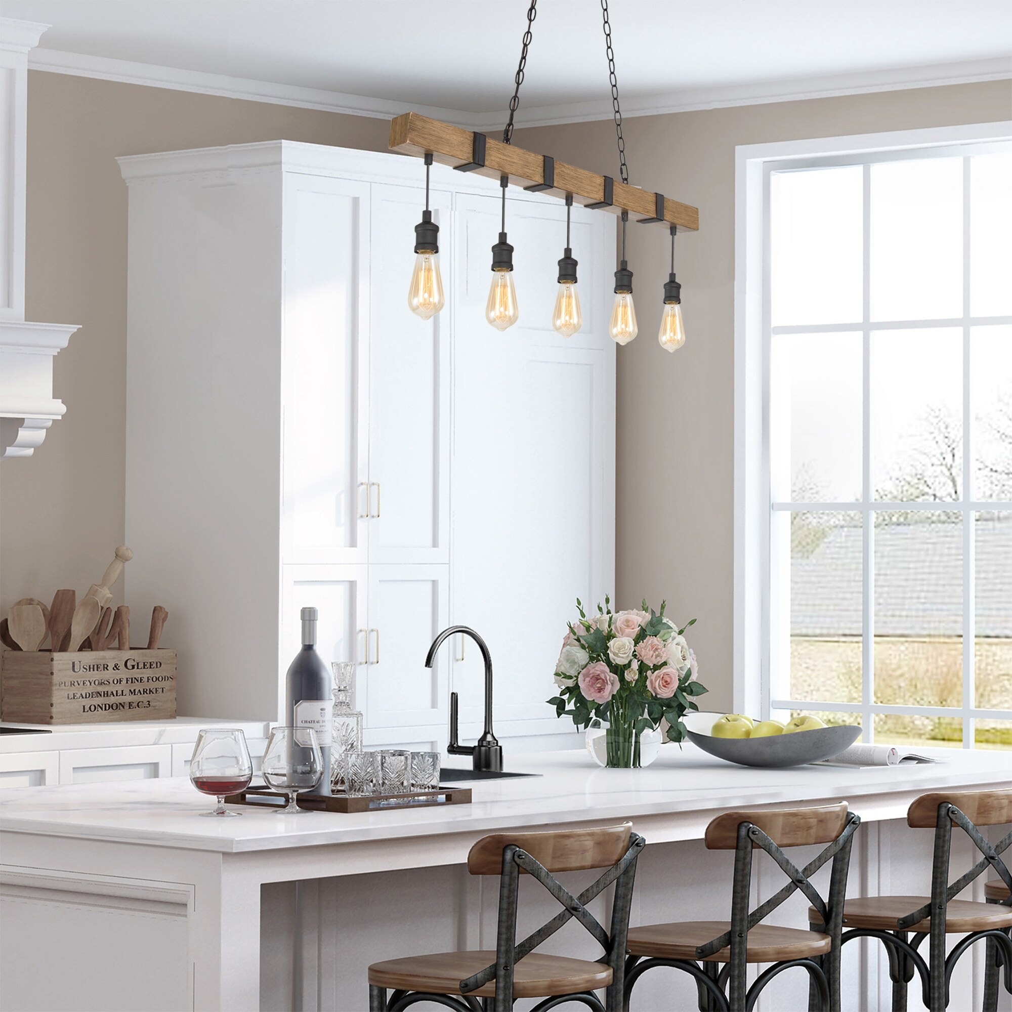 Modern Farmhouse 5 Light Linear Chandelier Wood Grain Metal Island Lights On Sale Bed Bath Beyond 31733140