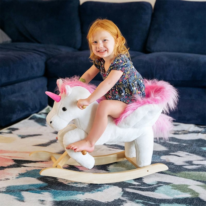 Cotton Candy Pink Plush Unicorn Ride-On Toy with Singing Lullaby - 25.5" L x 12.5" W x 21.75" H