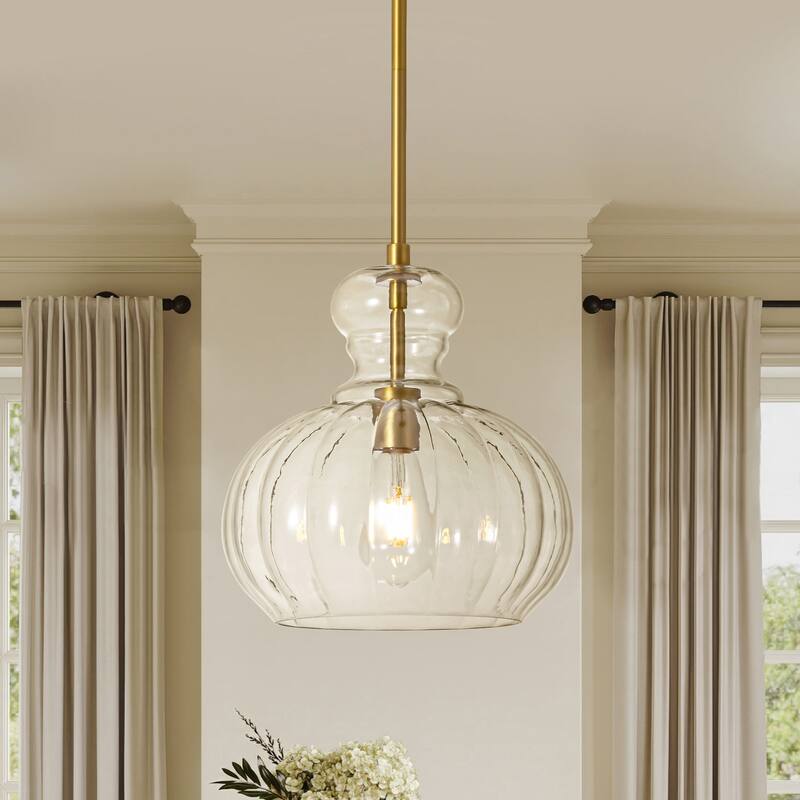 11" W Modern Traditional 1-Light Black/Gold Pendant Light with Clear Ribbed Pumpkin-shaped Glass Shade