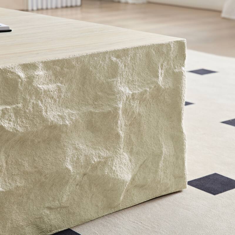 35.43 Inch Retro Table Modern Coffee Table Fiberglass Square Coffee Table with Surface Small Holes, for Living Room