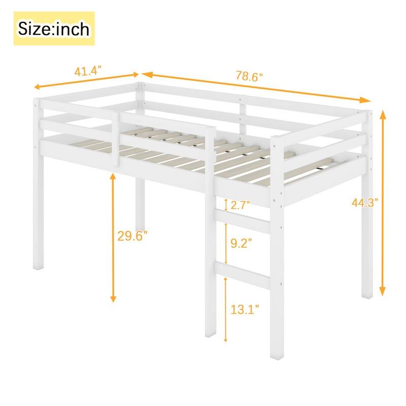 Rubber Wooden Twin Size Loft Bed with Ladder, Strengthened Slats