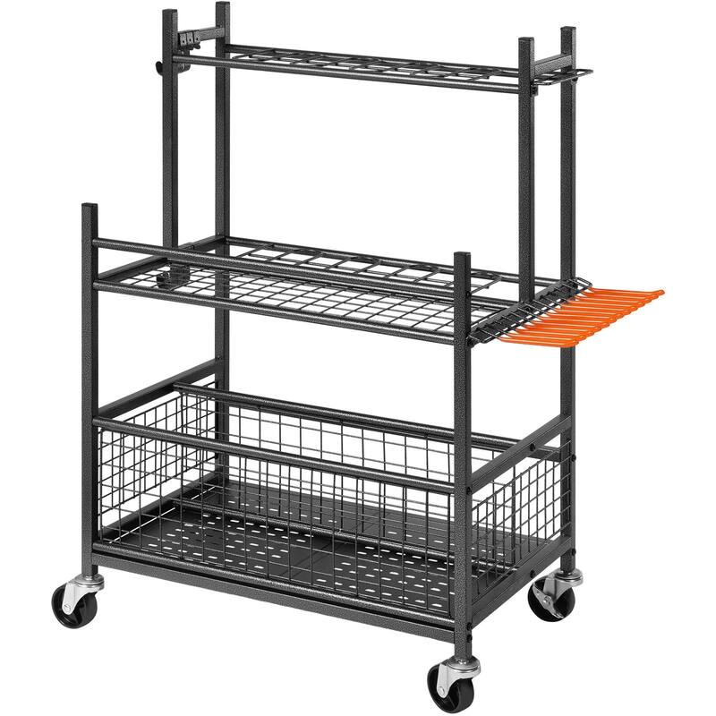 16 Slots Garden Tower Tool Organizer Rack with 5 Movable Hooks and Lockable Swivel Wheels - 25.66 x 15.86 x 38.5 in
