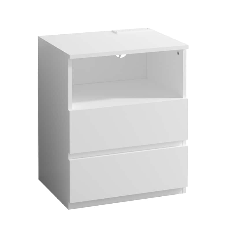 Nightstand with Charging Station, Sofa Side Table with Open Shelves & 2 Drawers, Large Capacity Wood Storage Cabinet