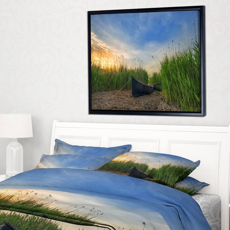 Designart "Old Fisher Boat Near Lake" Landscape Photography Framed Canvas Print