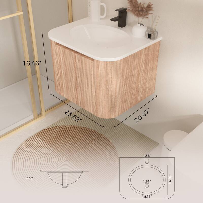 24 Inch Wall Mounted Bathroom Vanity With Sink,Integrated Cultured Marble,Floating Vanity Cabinet With Soft Close Drawer