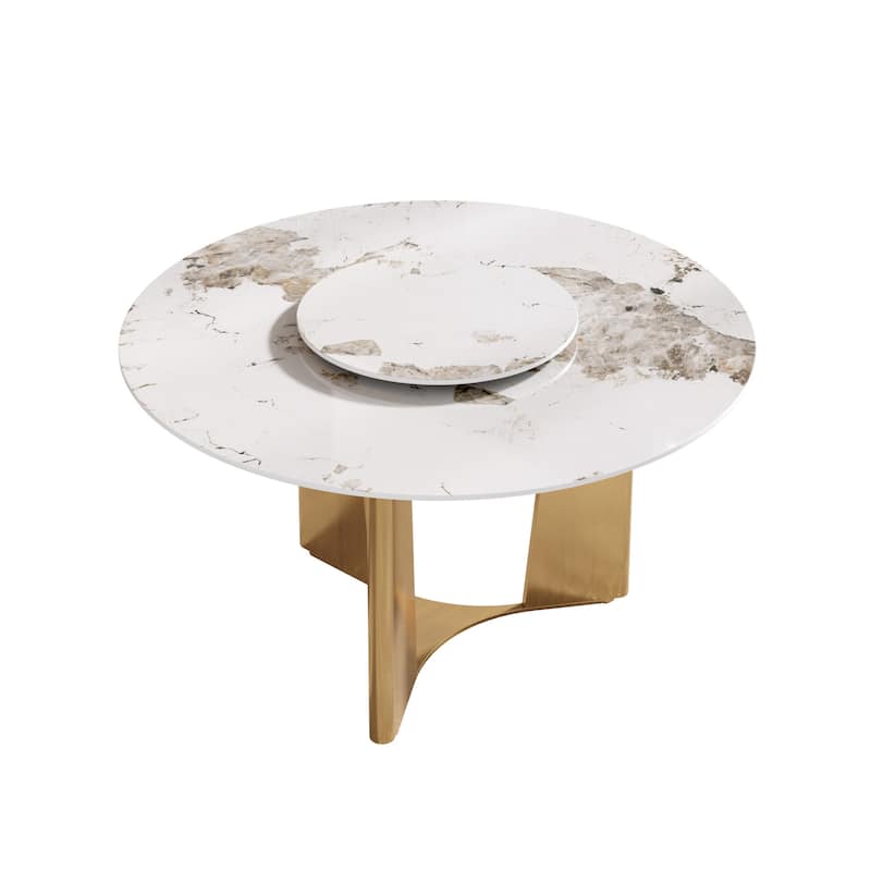 53" Modern Round Dining Table with Marble Top for 4-6, Sintered Stone Kitchen Table with Dining Table with Metal Legs