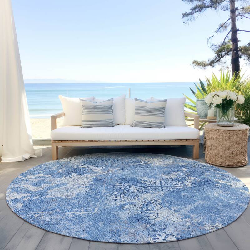Machine Washable Indoor/ Outdoor Chantille Distressed Traditional Rug - Blue - 8' x 8'