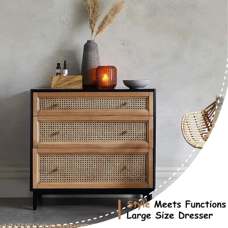 COZAYH Woven Cane Front Accent Nightstand with Brass Knobs, Accent Dresser
