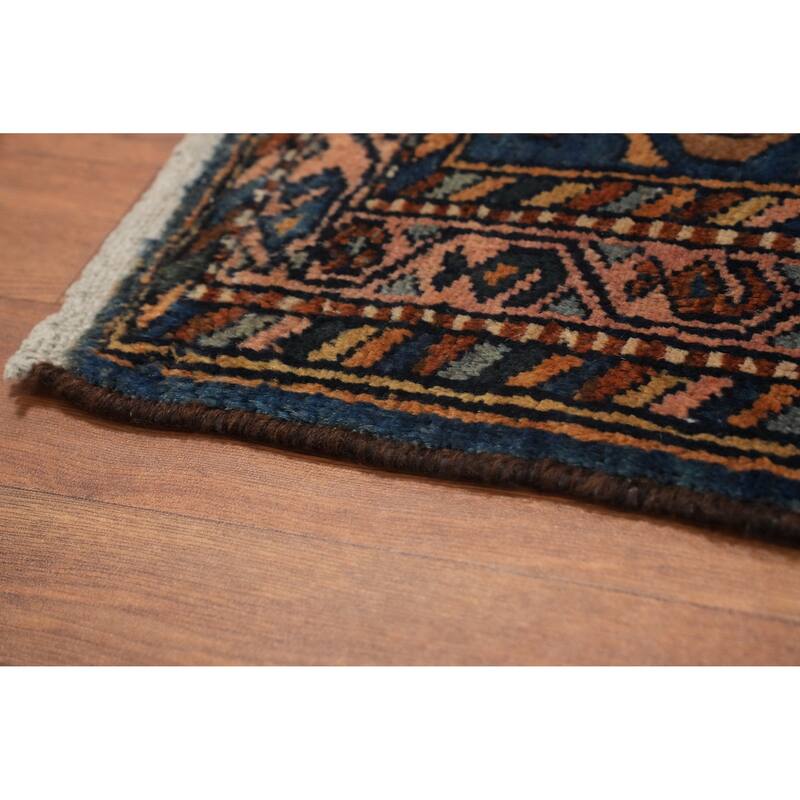 Hand Knotted Oriental 100% Wool Carpet Traditional Geometric Navy Blue & Blues Malayer Area Rug - 4' 1'' X 2' 7''