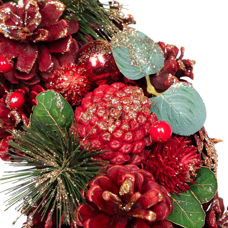 Pinecone, Berry and Ball Ornament Glittered Artificial Christmas Wreath - 13" - Unlit