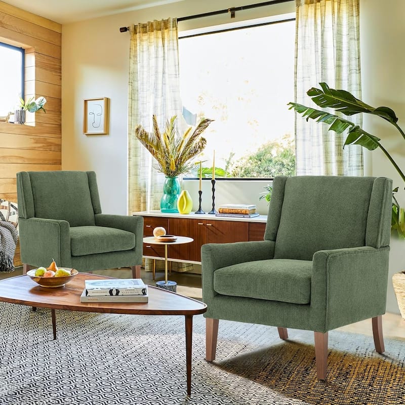 Mid-Century Linen Wing Chair - Tailored Channel Tufting & Walnut Tapered Legs, Compact Accent for Reading Nooks - 2 - Green