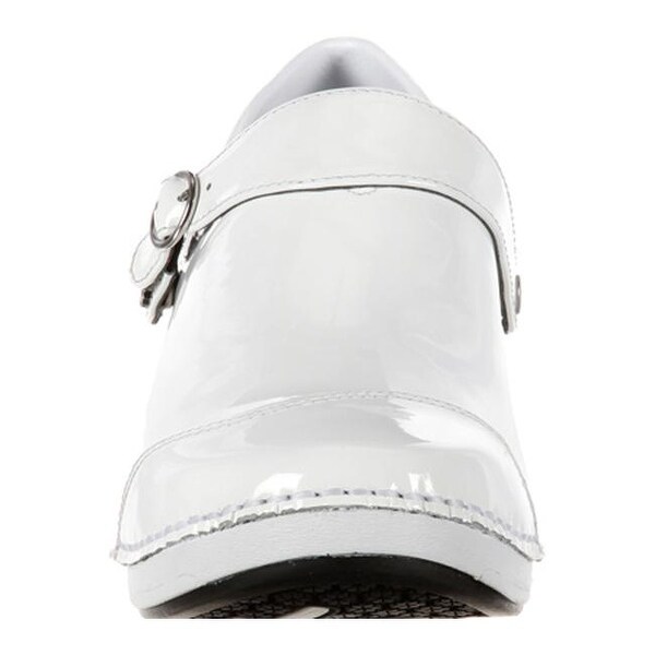 white patent leather clogs