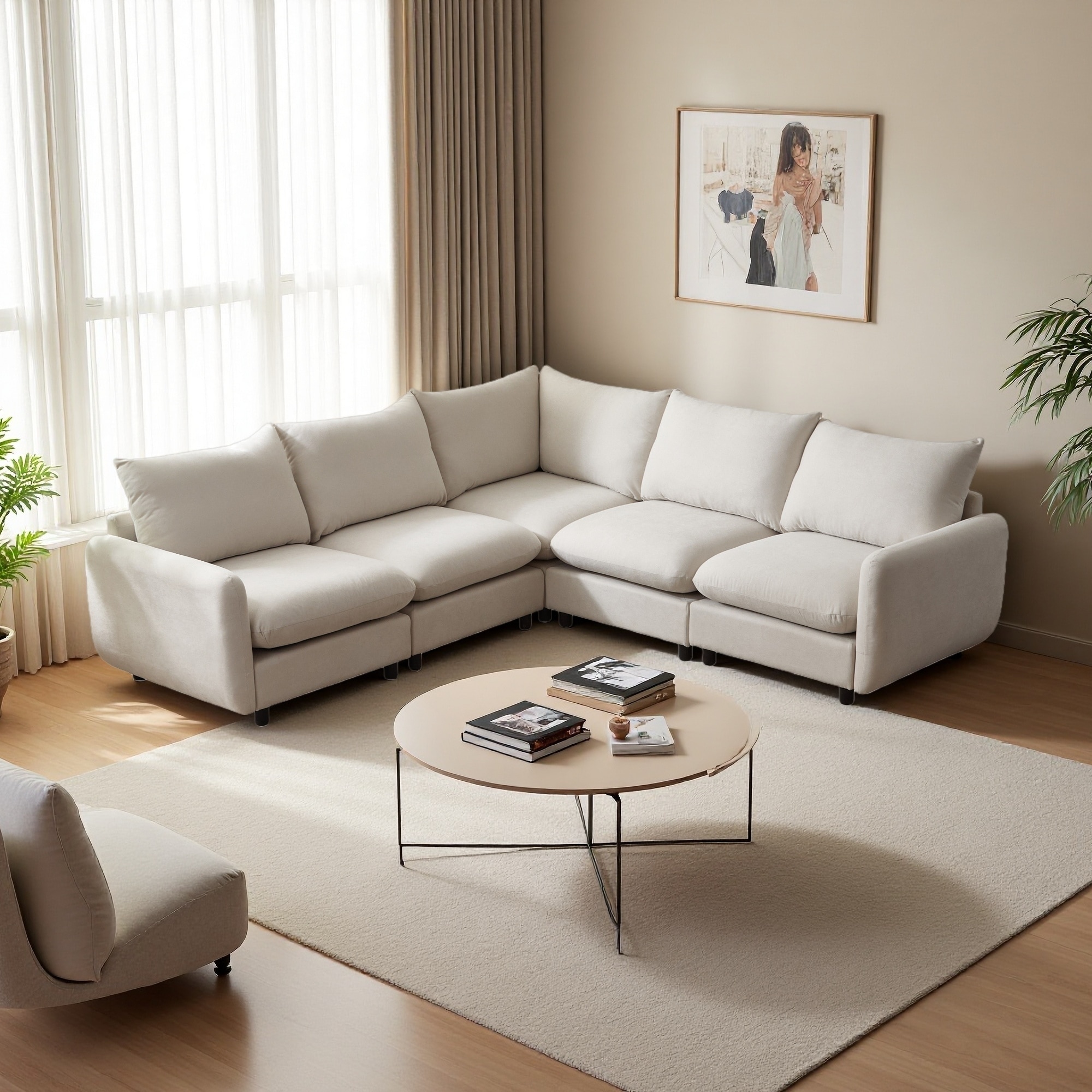99.5" Fabric 5-Piece L-Shaped Modular Sectional Sofa with Solid Wood Frame