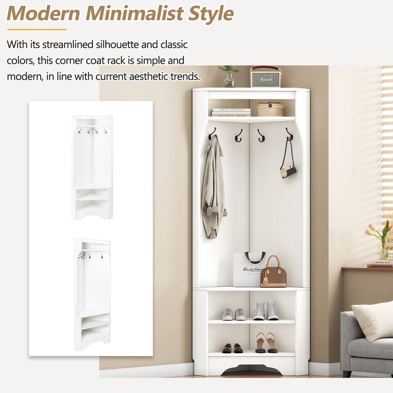Modern Minimalist Corner Coat Rack with 4 Hooks, Adjustable Shelves and Shoe Bench for Hallway