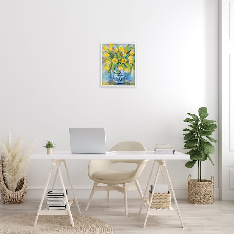 Stupell Expressive Yellow Tulips in Ornate Blue Vase Painting Framed Wall Art