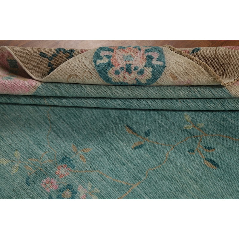Hand Knotted Oriental 100% Wool Carpet Traditional Floral Navy Blue & Blues Art Deco Area Rug - 11' 10'' X 9' 1''