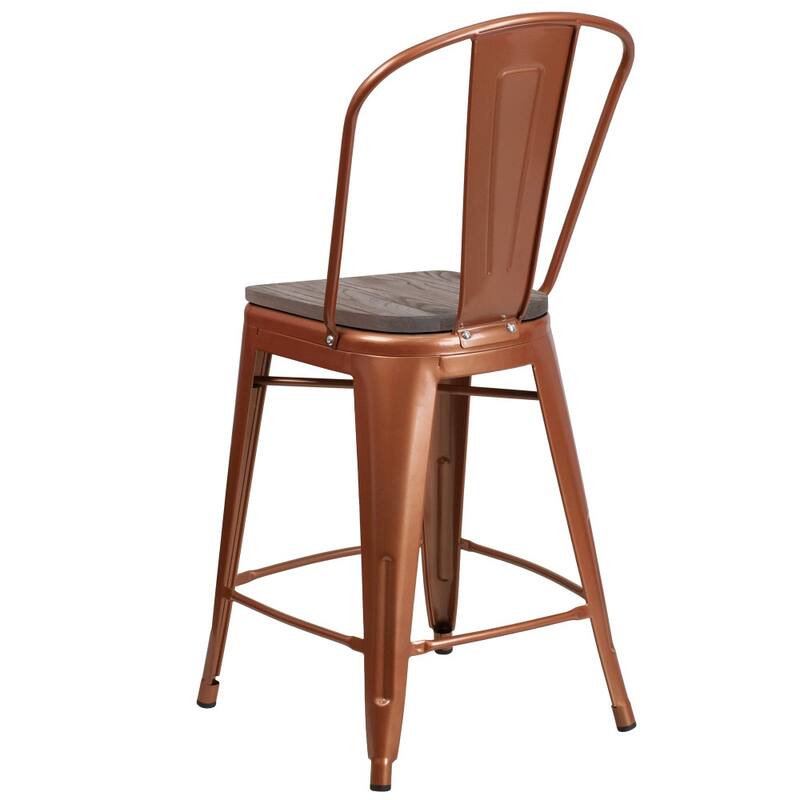 24" High Metal Counter Height Stool with Back and Wood Seat - 17.75"W x 22"D x 40.25"H - 17.75"W x 22"D x 40.25"H