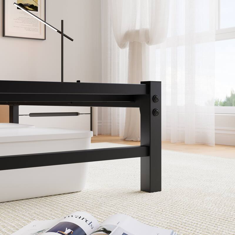 Queen Size Modern Metal Bed with Wooden Headboard, RGB Lights & Storage Shelf