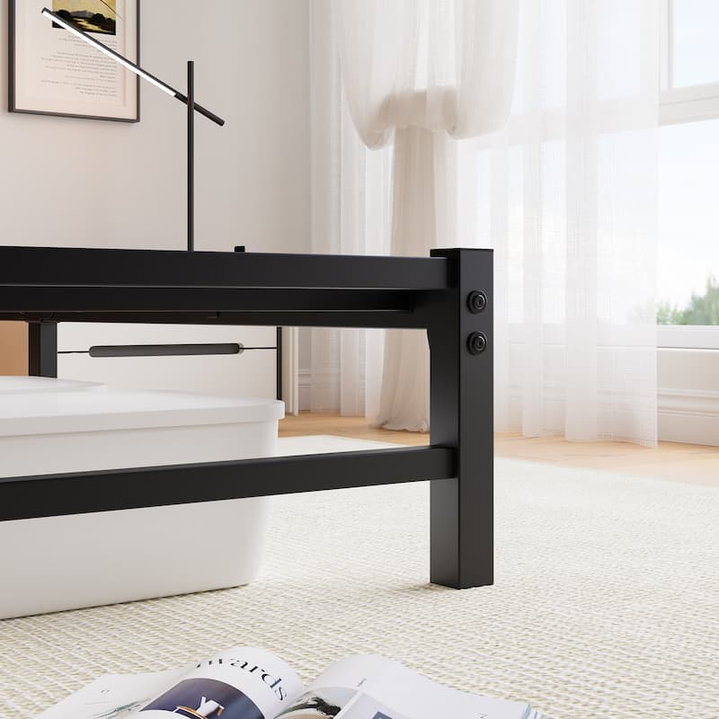 Queen Size Modern Metal Bed with Wooden Headboard, RGB Lights