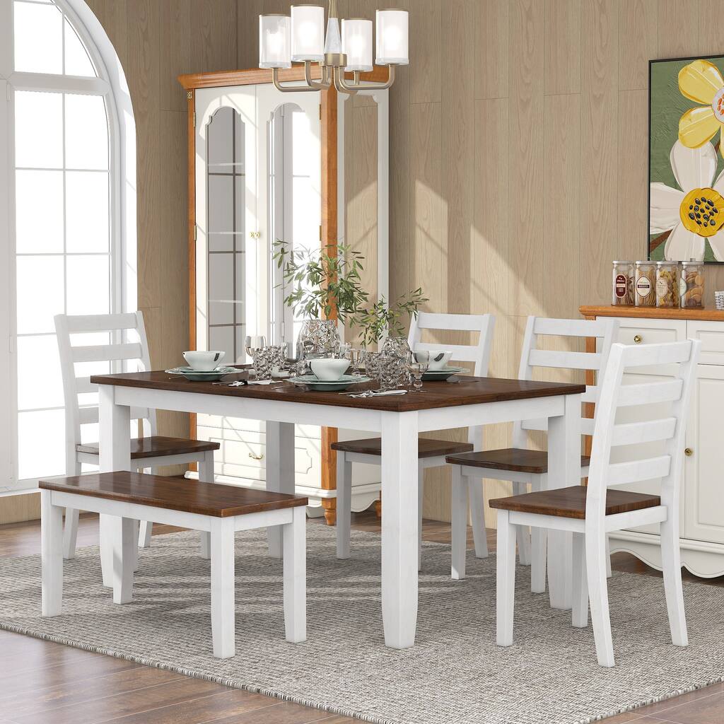 6 Piece Dining Room Table Set, Wooden Living Room Furniture Set with Rectangle Table, 4 Ergonomic Designed Chairs and Bench
