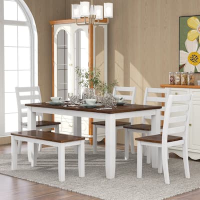 6-Piece Wooden Dining Table Set with 4 Ergonomic Chairs & Bench