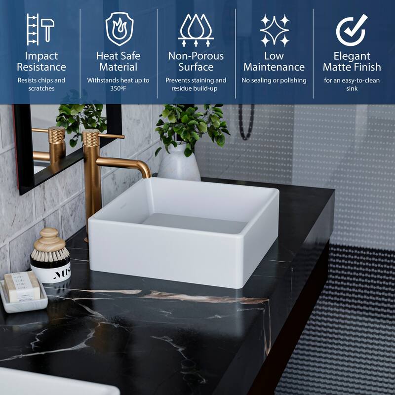 Karran Quattro QM175 Matte White Acrylic 15 in. Square Bathroom Vessel Sink