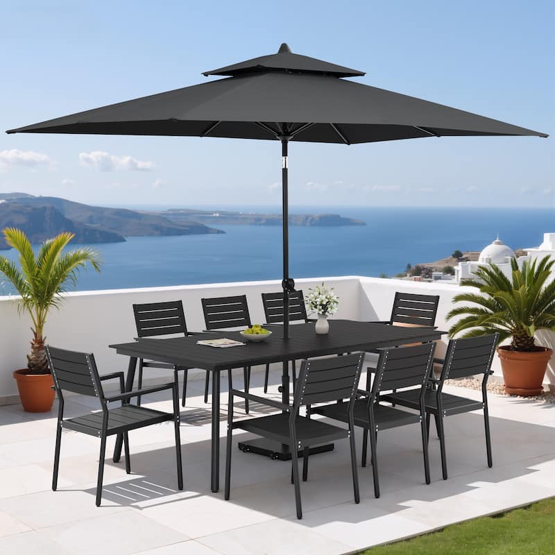 11PC Outdoor Patio Dining Set Aluminum Table with Stackable Armchairs w/ Premium Market Umbrella Sets - BlackTable&BlackChairs&BlackUmbrella
