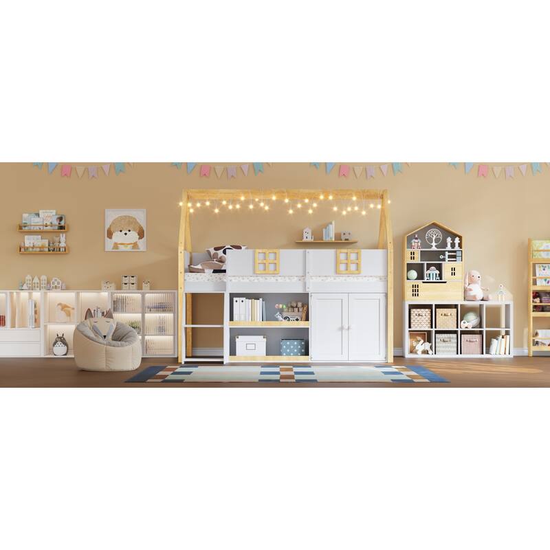 Roomfitters Twin/Full Low Loft Bed with LED Lights, Storage Staircase and Cabinets