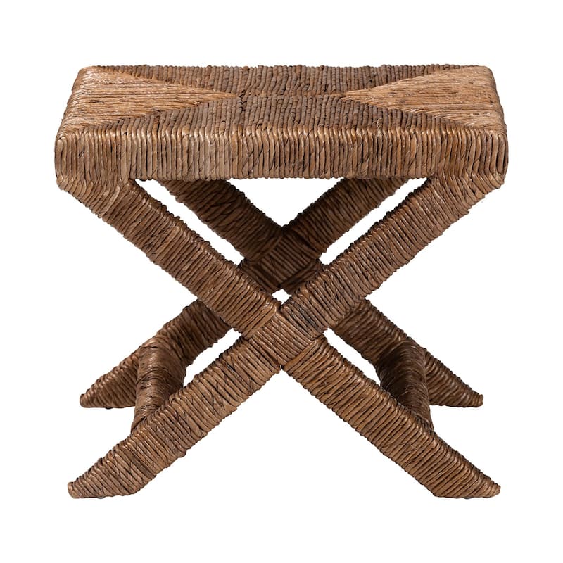 Alda Woven Seagrass Ottoman - Handwoven Wicker Accent Stool with X Base, Boho Coastal Seating
