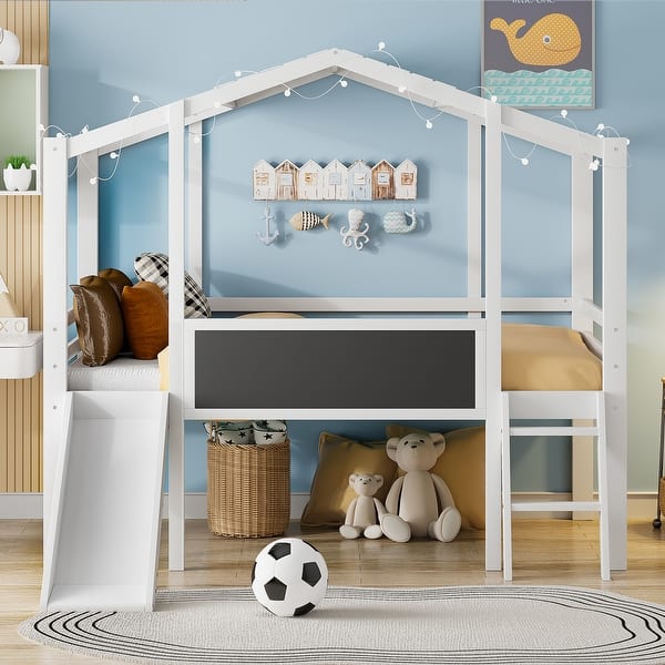 slide 2 of 18, Twin Loft Bed with Slide, Blackboard, and Light Strip, White - Fun Design White